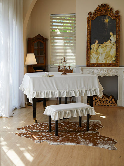French White Rose Tablecloth – Vintage Floral Cotton Linen Dining Table Cover